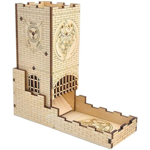 Castle Dice Tower with Tray Wood Laser Cut Dragon Carving Easy Roller Perfect for Board Game, D&amp;D and RPG - Mini Megastore