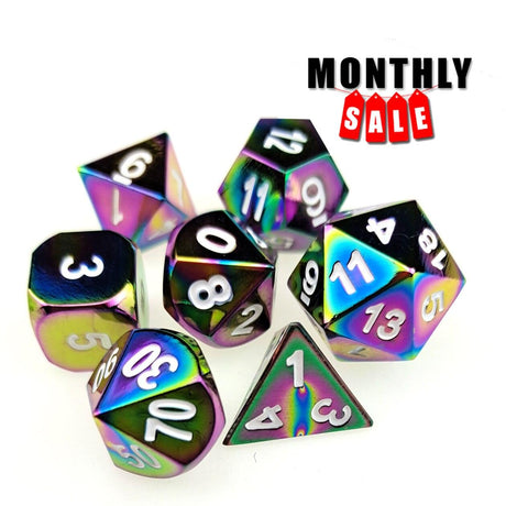 D&amp;D Metal Dice Polyhedral 7 Die Set Many Colors Collection DND Bag RPG Game Accessories Cubes Pouch Glow In The Dark Rainbow - Mini Megastore