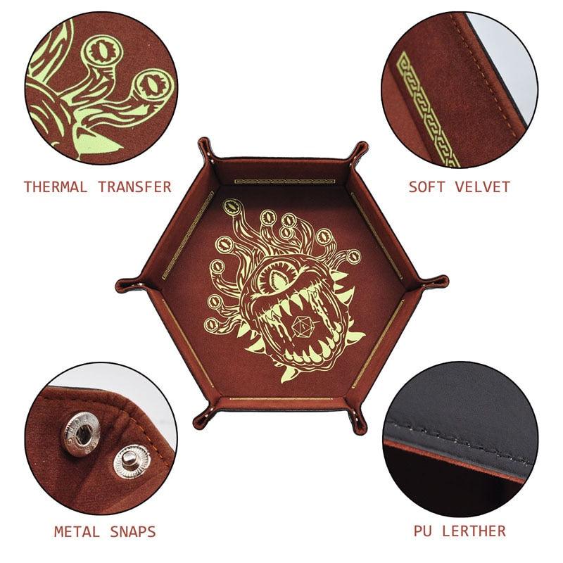 D&D Dice Tray PU Leather Hexagon Dice Holder Printed with Beholder Portable and Foldable Dice Rolling Mat - Mini Megastore