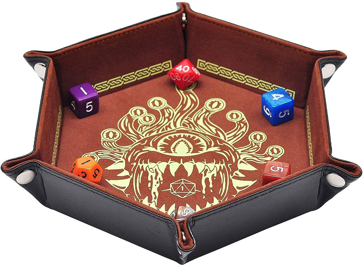 D&D Dice Tray PU Leather Hexagon Dice Holder Printed with Beholder Portable and Foldable Dice Rolling Mat - Mini Megastore