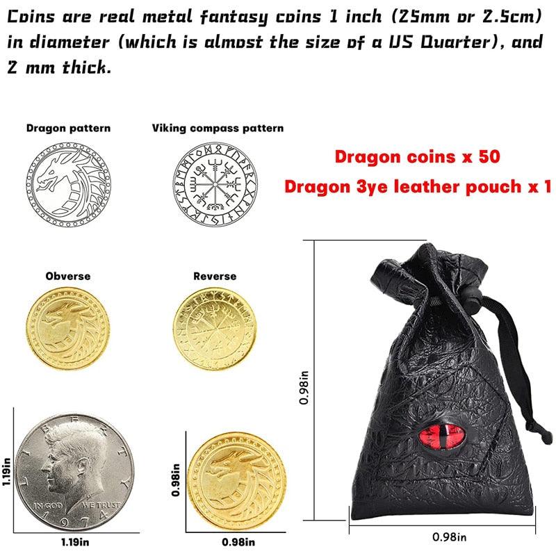 DND Fantasy Coins 50 Antique Gold Metal Treasure Tokens with Leather Pouch - Gaming Loot, Accessories &amp; Props - Mini Megastore