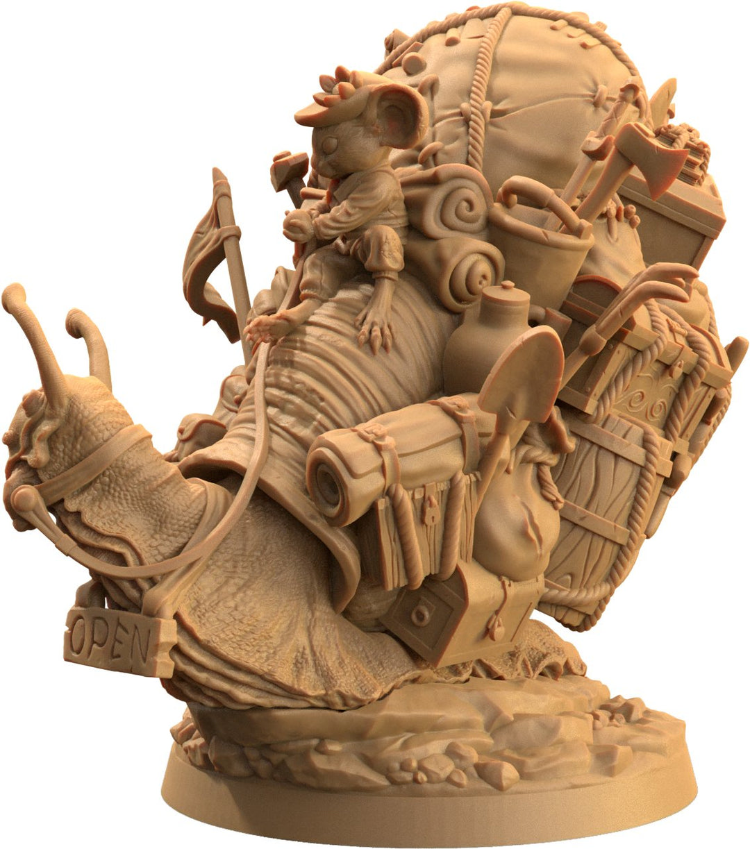 Thimbles Squeakerson traveling merchant - Mouse folk merchant on Giant Snail miniature - Mini Megastore