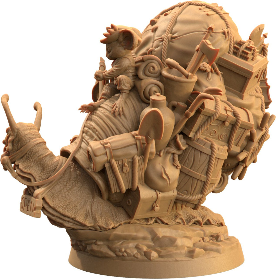 Thimbles Squeakerson traveling merchant - Mouse folk merchant on Giant Snail miniature - Mini Megastore