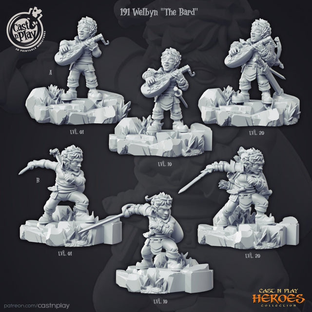 Welbyn The Bard - Gnome / Halfling Bard Miniatures at 3 different levels - Mini Megastore